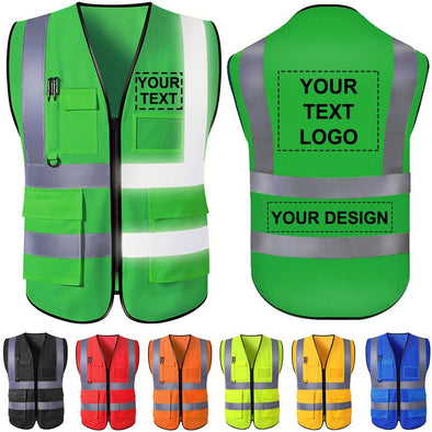 Custom Safety Vest with Pockets and Zipper, Personalized High Visibility Vests Customize Logo Name Bulk