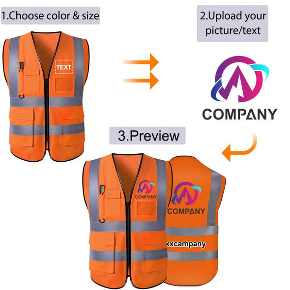 Custom Safety Vest with Pockets and Zipper, Personalized High Visibility Vests Customize Logo Name Bulk