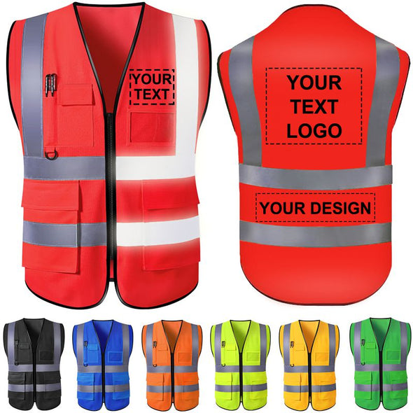 Custom Safety Vest with Pockets and Zipper, Personalized High Visibility Vests Customize Logo Name Bulk