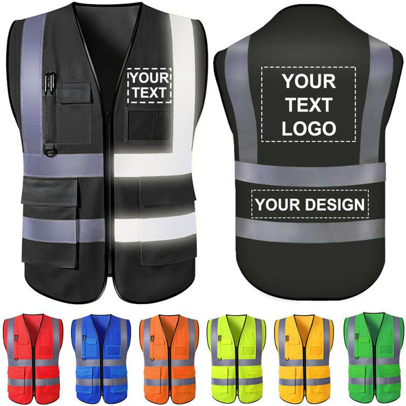 Custom Safety Vest with Pockets and Zipper, Personalized High Visibility Vests Customize Logo Name Bulk