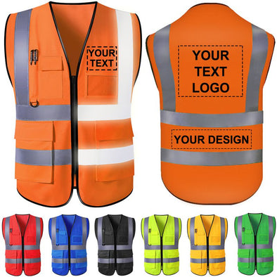 Custom Safety Vest with Pockets and Zipper, Personalized High Visibility Vests Customize Logo Name Bulk