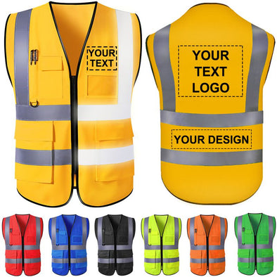 Custom Safety Vest with Pockets and Zipper, Personalized High Visibility Vests Customize Logo Name Bulk