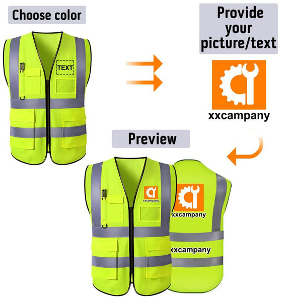 Custom Safety Vest with Pockets, Personalized High Visibility Reflective Vest with Logo Text