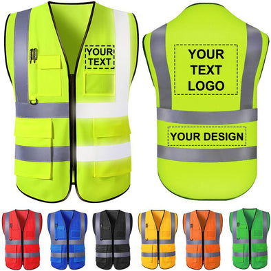 Custom Safety Vest with Pockets and Zipper, Personalized High Visibility Vests Customize Logo Name Bulk