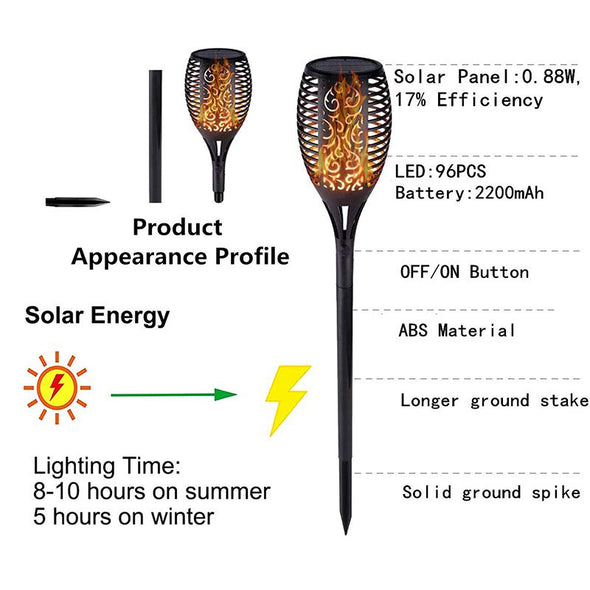 Outdoor Solar Flame Lights, Landscape Solar Torch Lights, Waterproof Flickering Flames Torches Lights