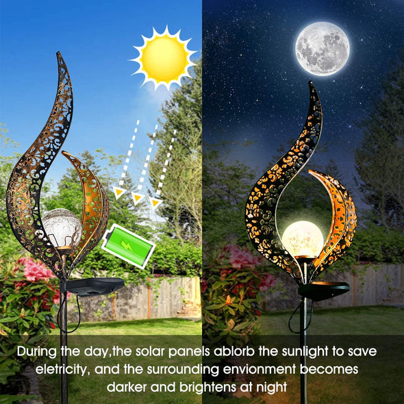 Garden Solar Moon Lights Outdoor Landscape Path Lights, Decorative Crackle Flame Glass Globe Stake Lights