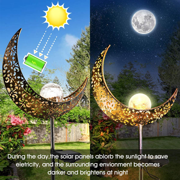 Outdoor Garden Solar Lights, Moon Stake Decor Set Decorative Crackle Globes for Yard