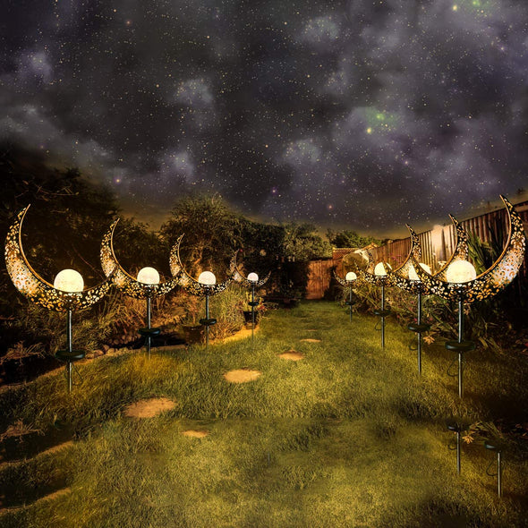 Outdoor Garden Solar Lights, Moon Stake Decor Set Decorative Crackle Globes for Yard